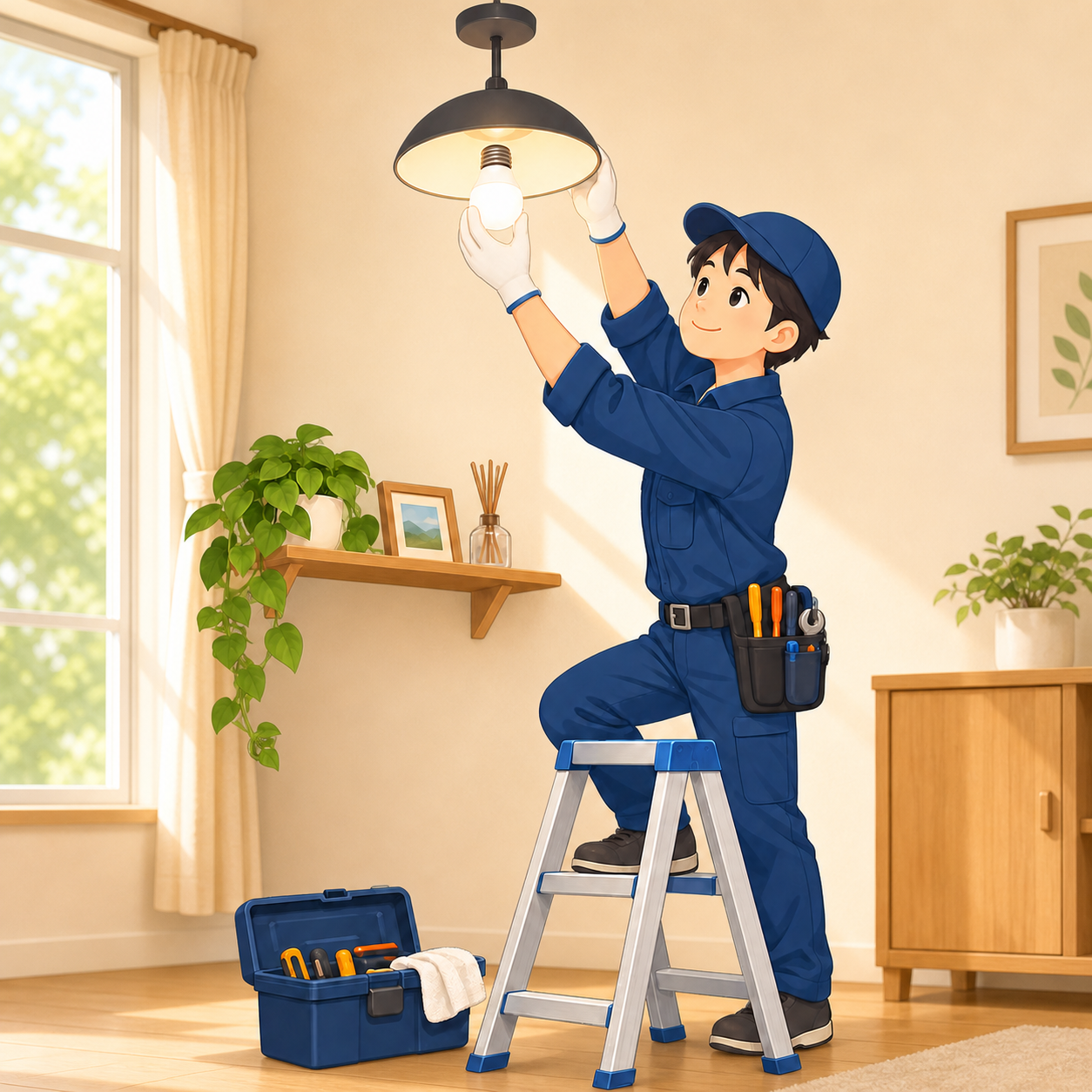 照明の取り付けを行う作業員