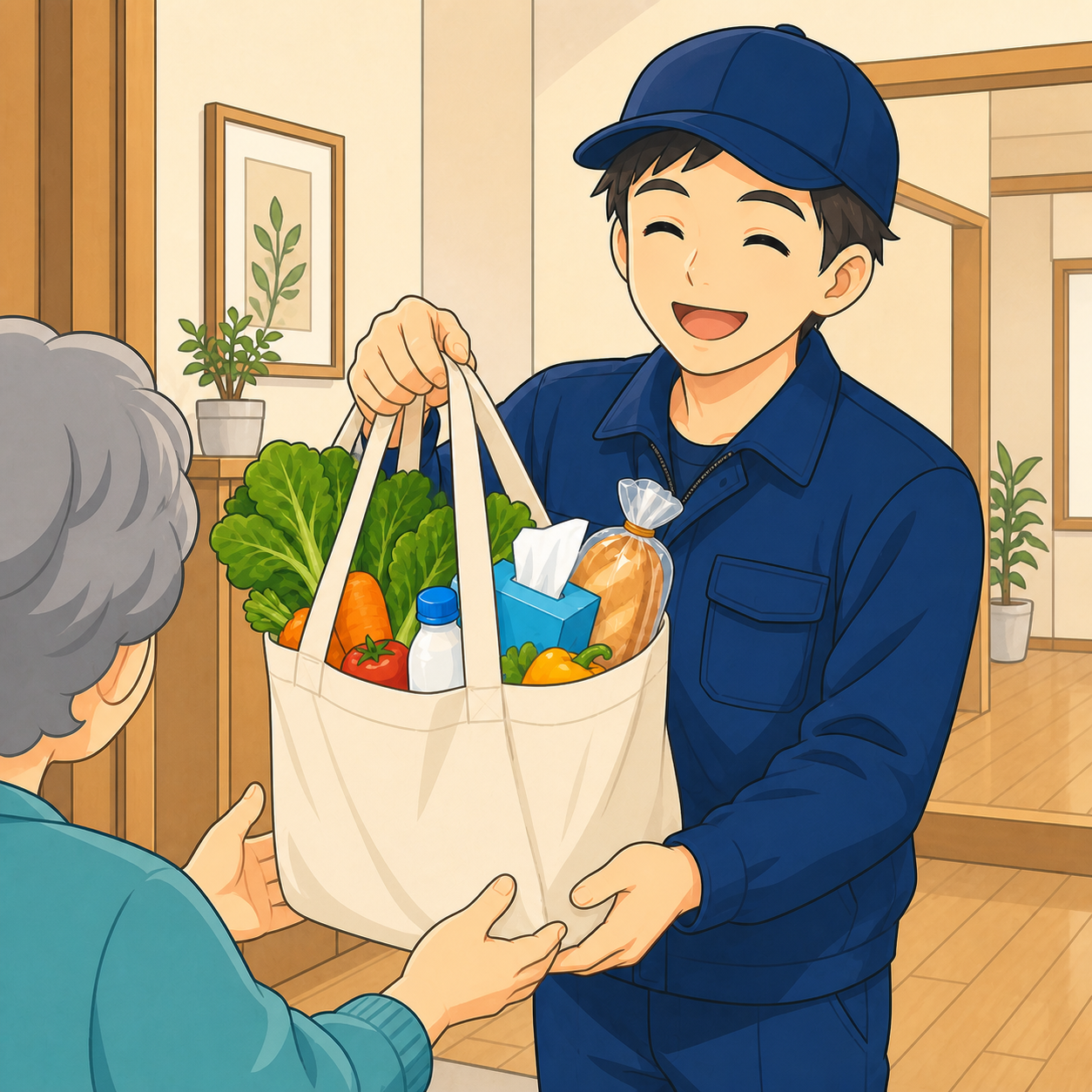 買い物袋を届ける作業員